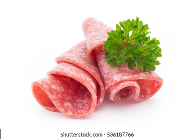 Salami sausage slices isolated on white background.