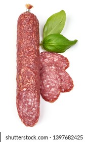 Salami Sausage Stick with basil, dried meat, top view, isolated on white background.
