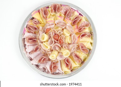 Salami Slices And Cheese On The Cold Cut Tray In Buffet