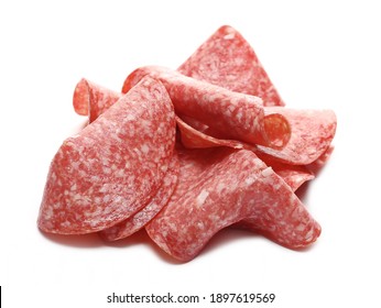 Salami Slices For Sandwich Isolated On White Background, Round Fermented Red Meat Pieces