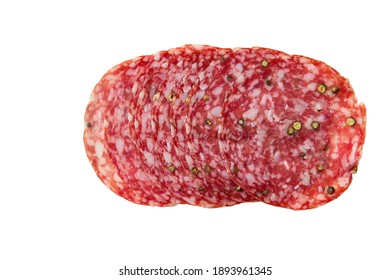 Salami smoked sausage slices isolated on white background, top view.