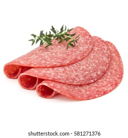 Salami smoked sausage slices isolated on white background.