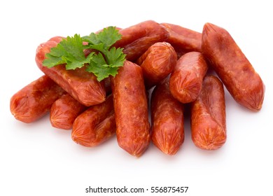 Salami susages, parsley sausage. Isolated on white background.
