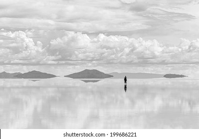 Salar de Uyuni is largest salt flat in the World (UNESCO World Heritage Site) - Altiplano, Bolivia, South America (black and white) - Powered by Shutterstock
