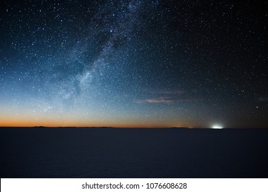 Salar De Uyuni Salt Flat At Starry Night Before Moon Rise. Altiplano, Bolivia