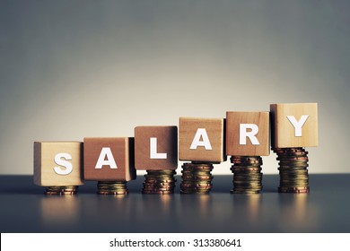 salary text written on wooden block with stacked coins on grey background - Shutterstock ID 313380641