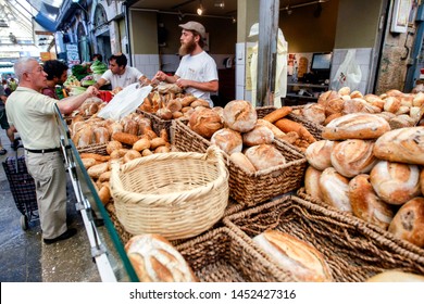 Sale Of Bread On Mahane Yehuda Market Is Popular Marketplace In Jerusalem, Israel. May 2013