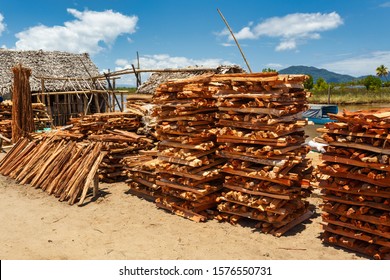 Sale Of Firewood On Street Marketplace In Maroantsetra City, Madagascar. Deforestation Is Big Problem.