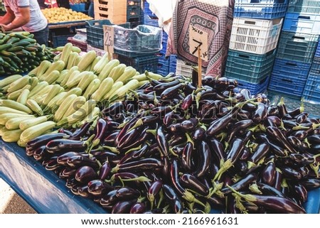 Sale of fresh abundant eggplant harvest at a local farmer's market in Turkey