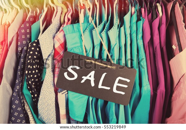 Sale Label Clothes Hanging On Rack Stock Photo Edit Now 553219849