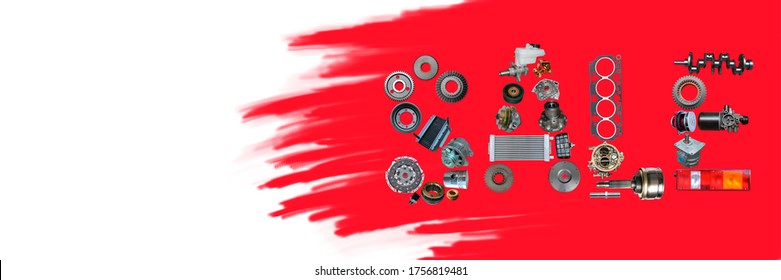 The Sale Label Is Written With Car Spare Parts. Black Friday Concept For Auto Shop, Repair Shop On The Red Background. Banner.