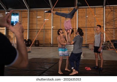 SALE, MOROCCO - SEPTEMBER 20, 2016: Moroccan Students Aiming At Becoming Professional Circus Artists Train At The Moroccan National Circus School, Morocco's First Contemporary Circus School.