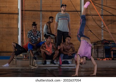 SALE, MOROCCO - SEPTEMBER 20, 2016: Moroccan Acrobat Shaima Salih Wheels Up During A Training At The Moroccan National Circus School, Morocco's First Contemporary Circus School.