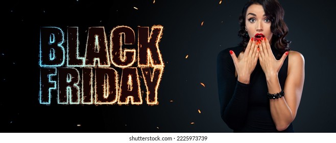 Sale offer. Shopping discount. Black Friday Concept. Girl isolated on dark background at shopping. Neon sign at blackfriday november shopping holiday. - Shutterstock ID 2225973739