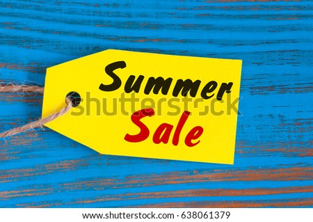 Sale price reduction tag for discounts. Summer sale pricetag at blue background