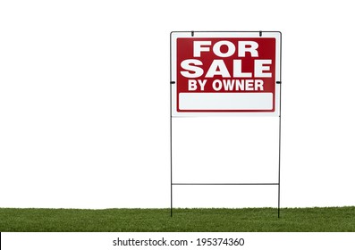 for sale sign by owner on grass with white background