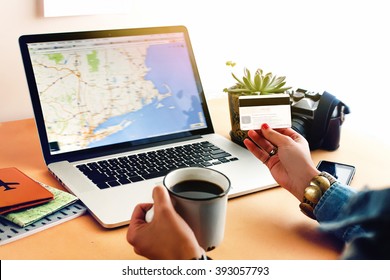 Sale Special Offer Stylish Girl Holding Credit Card And Coffee On Background Of Laptop Map , Summer Travel And Shopping Online Home Concept