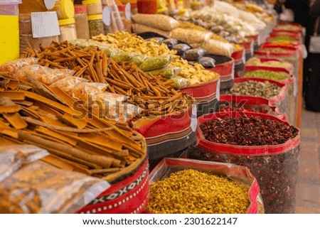 Sale of spices on the east market. kasia, cinnamon, chamomile.