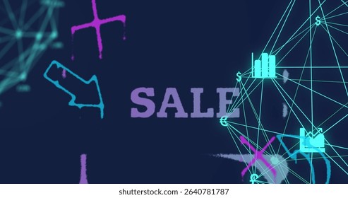 SALE typography appearing at center in digital interface, with neon doodles and data network. Technology, digital, futuristic, cyber, vibrant, innovation, data