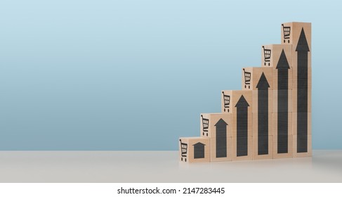 Sale Volume Increase Make Business Grow, Wooden Cube With Icon Graph And Shopping Cart Symbol. Retail And Sales Growth Concept. Banner, Copy Space