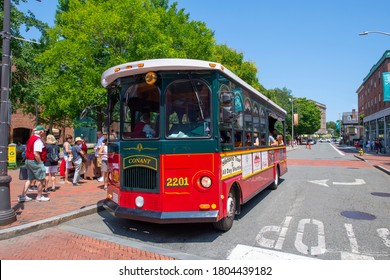 SALEM, MA, USA - JUL. 25, 2019: Salem Trolley in historic town Salem, Massachusetts MA, USA.