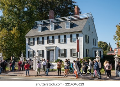 Salem, MA, US-October 10, 2022:  Tourists Gather In Front Of The Ropes Mansion Museum Featured In The Movie Hocus Pocus During The Annual Haunted Happenings Festival. 