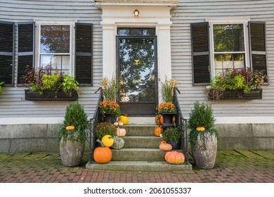 Salem, MA, US-October 14, 2021: Doorway decorated for Halloween at the annual Haunted Happenings event held during the month of October in celebration of the town's history of witch trials.