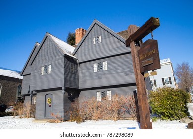 SALEM, MASSACHUSETTS - DECEMBER 28, 2017:  View Of The Historic Salem Witch House, Former Home Of Judge Jonathan Corwin.