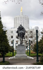 Salem, OR, USA - Mar 31, 2022: The Circuit Rider, A Bronze Sculpture By Alexander Phimister Proctor, Located In Capitol Park, East Of The Oregon State Capitol In Salem, Oregon.