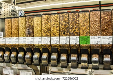 Salem, Oregon - August 23, 2017: Bulk Food Containers (dispensers)  Full Of Various Nut Mixtures In A Grocery Store In Salem, Oregon