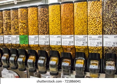 Salem, Oregon - August 23, 2017: Bulk Food Containers (dispensers)  Full Of Trail Mix And Snacks In A Grocery Store In Salem, Oregon