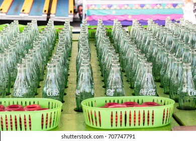 Salem, Oregon - August 29, 2017: Ring Toss Carnival, Fair Game Using Coca Cola Bottles.