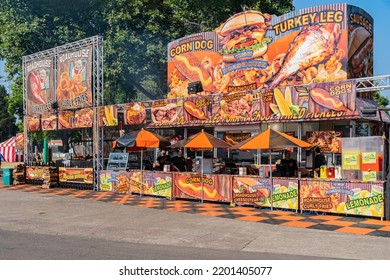 Salem, Oregon - September 8, 2022: Colorful State Faire Food Booths With Fried And Barbequed Food.