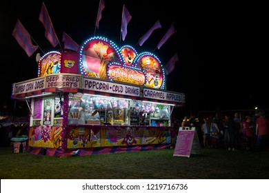 Salem, Oregon / USA - August 28, 2018: An Isolated Angular Point Of View Of The Candy Land Food Concession At Night -Oregon State Fair
