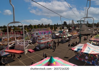 Salem, Oregon USA - August 28, 2021: An Elevated View From The Chairlifts, Of The Food Concessions And Games At The Oregon State Fair