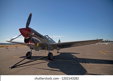 Salem, Oregon / USA - August 4, 2018: Warbirds Over the West Fly In Vintage Curtiss P-40 Warhawk Airplane 
