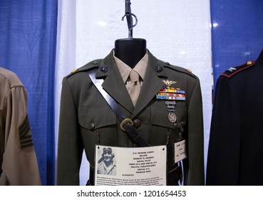 Salem, Oregon / USA - July 12, 2018: Close View Of Vintage United States Army Uniform With Medals On Display
