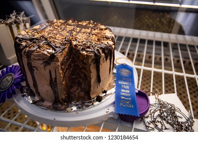 Salem, Oregon / USA - July 12, 2018: Blue Ribbon Winning Chocolate Cake At The Marion County Fair