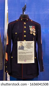 Salem, Oregon / USA - July 12, 2018: Close View Of Vintage United States Marine Officer Dress Uniform With Accumulation Of Medals In Museum Display
