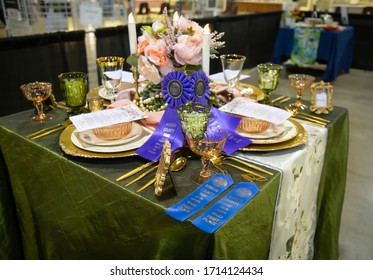 Salem, Oregon / USA - July 12, 2019: A display of a first place winning entry, a table setting, at the Marion County Fair
