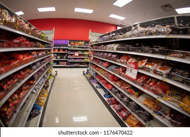 Salem, Oregon / USA - October 10, 2017: Candy Aisle In Supermarket Section