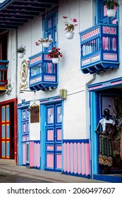 SALENTO, COLOMBIA - JULY 2021. Stores Along The Famous Calle Real In The Beautiful Small Town Of Salento