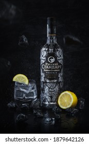 Salerno, Italy - 12-01-2020: Russian Standard Vodka Bottle And Drink Ad