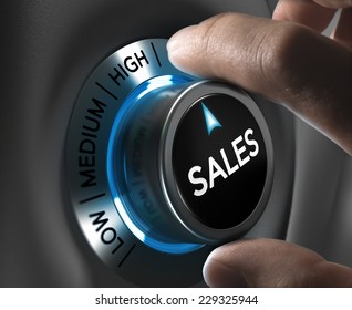 Sales Button Pointing The Highest Position With Two Fingers, Blue And Grey Tones, Conceptual Image For Sales Strategy Or Performance