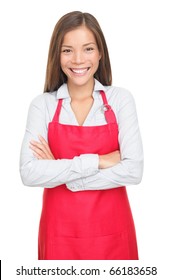 Sales Clerk Or Small Shop Owner Isolated On White Background. Smiling Young Woman.