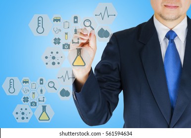 Sales Executive Medical Representative Holding Pen With Related Icons Overlay