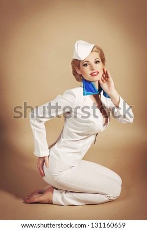 Sales Fashion Blonde Woman Pin Up Girl In Retro Vintage Dress In Romantic Pose Sales Fashion Blonde Woman Pin Up Girl In Retro Vintage Dress In Romantic Pose