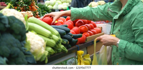 Sales of fresh and organic fruits and vegetables at the green market or farmers market. Citizens buyers choose and buy products for healthy food