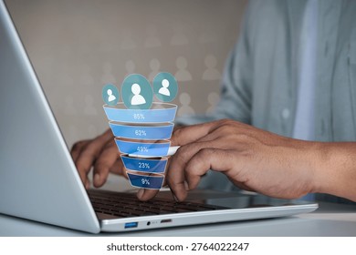Sales Funnel Analysis with Customer Conversion Data Visualization on Laptop, Digital Marketing Performance Tracking, User Acquisition Metrics, Lead Generation Strategy and Business Growth Optimization