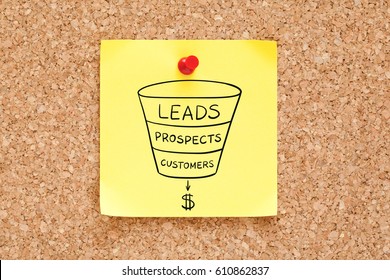 Sales Funnel Business Concept Drawn On Yellow Sticky Note Pinned On Cork Bulletin Board.